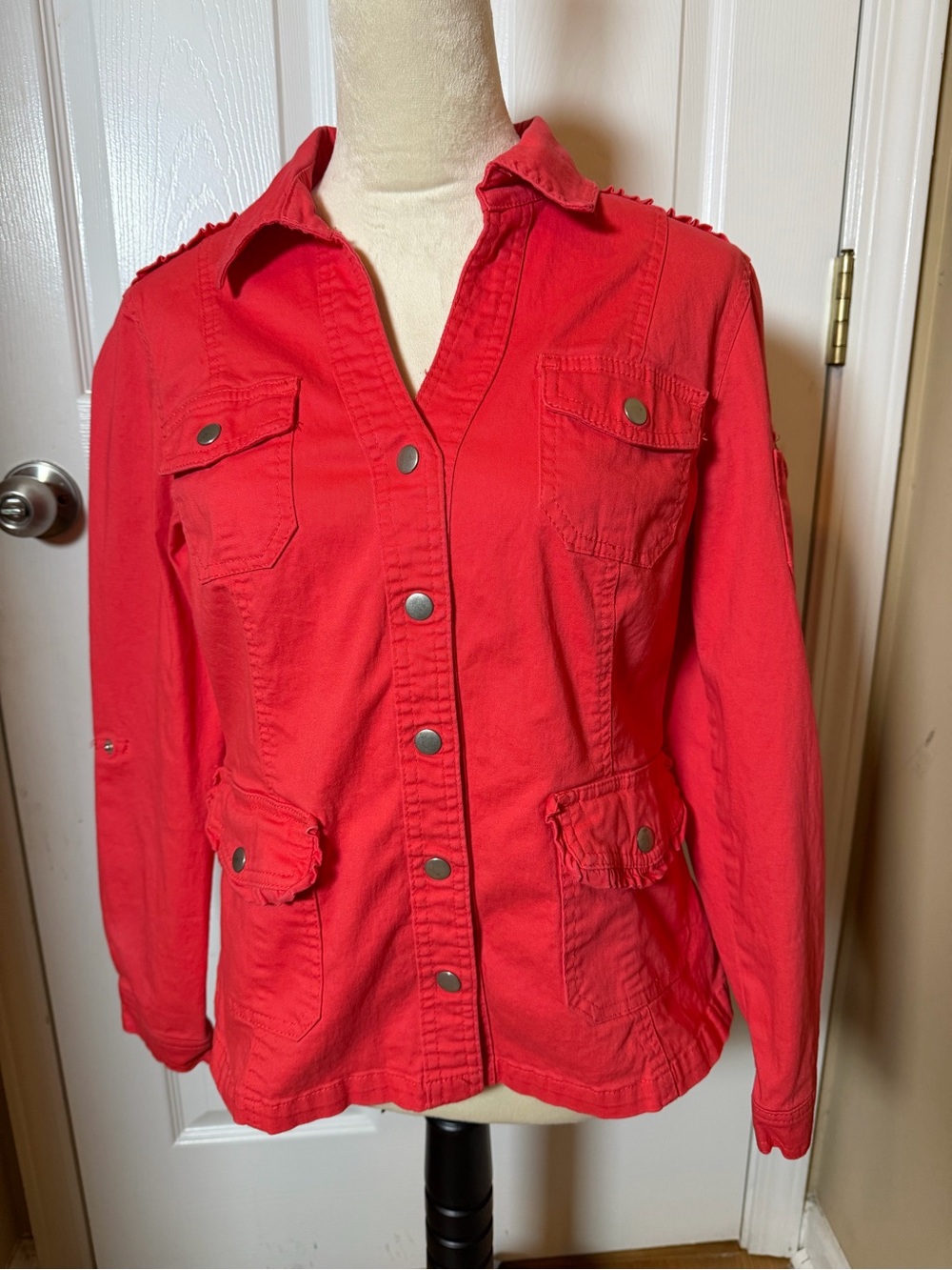 Live a Little Utility Trendy Jacket with Snap Front Coral